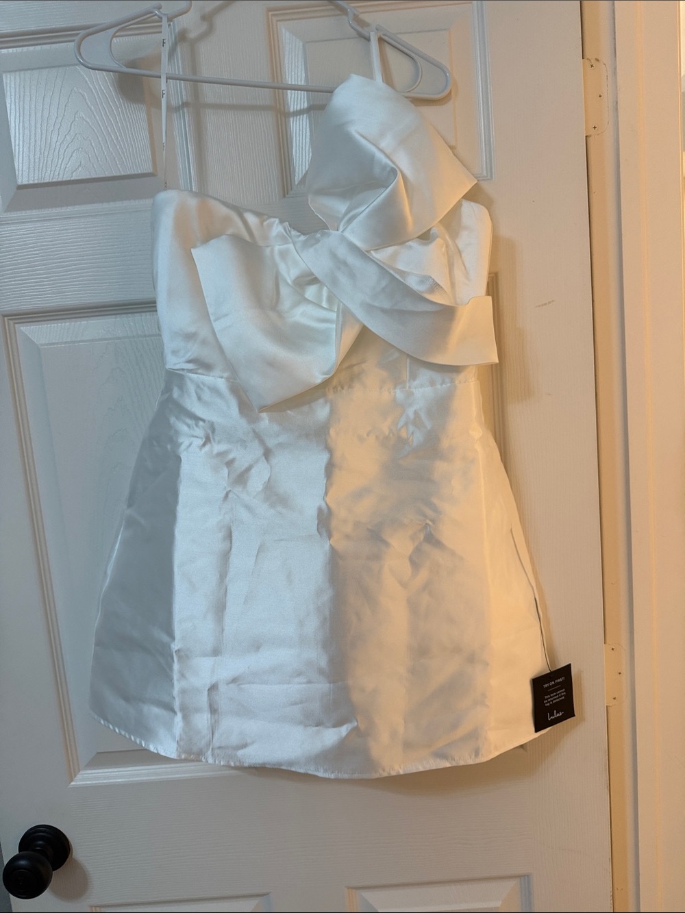 Lulu's White Satin Strapless Dress with Bow Detail